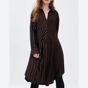 Zara Trafaluc Contrasted Striped Brown Midi Dress Size Small
